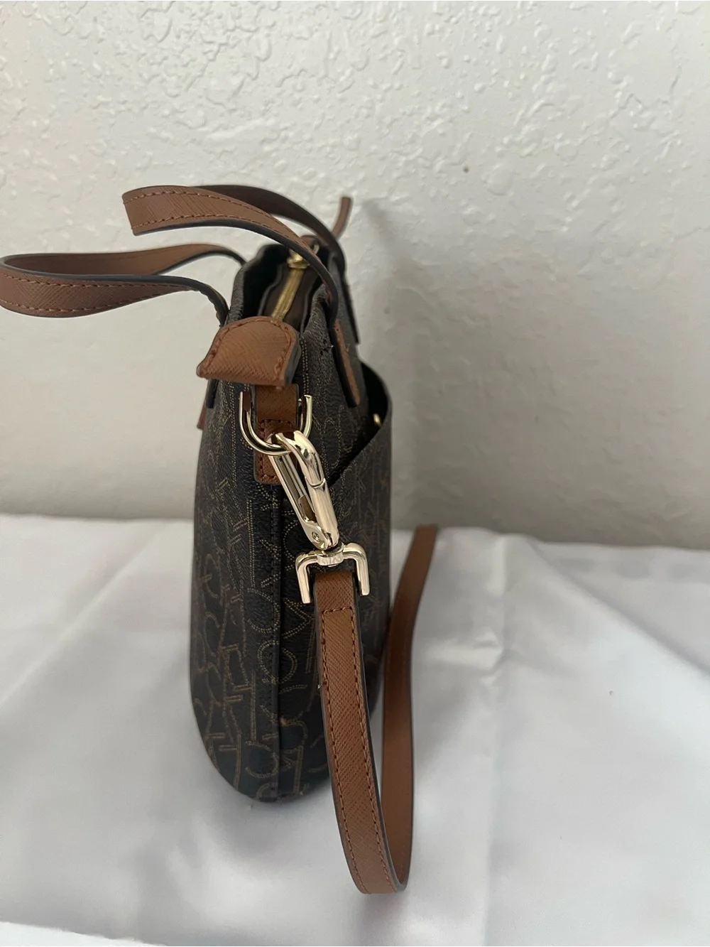 Calvin Klein Monogram Mini Tote Crossbody Bag Brown